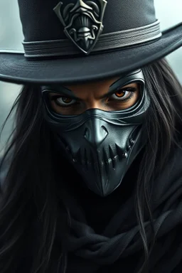 ZORRO , with black eyes mask and hat , up close, fantasy, High details, realistic design, dark vibes, 8k, male, long black hair