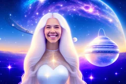 very beautiful cosmic women with white long hair, smiling, with cosmic dress and in the background there is a spaceship with light below and a bautiful sky with stars and light beam