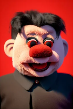 Waist up muppet Portrait, Kim Jong-un as muppet doll, black suit, photo studio, red background, unreal engine 5, concept art, art station, god lights, ray tracing, RTX, lumen lighting, ultra detail, volumetric lighting, 3d.