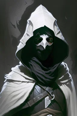 dungeons and dragons man wearing black robes and hood wearing a white mask