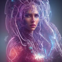 a beautiful and colorful facing portrait of one cyber punk woman shiva in 3D rendering with a mandala background blue color scheme