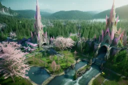 Immersive​ Magical fantasy elven town city tower forest rivendell tree flower pink green yellow beautiful nature river 4k full hd