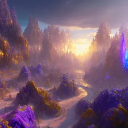 blue gold and violet landscape with multicolored crystals falling from the sky, full of details, smooth, bright sunshine，soft light atmosphere, light effect，colorful, concept art, smooth, extremely sharp detail, finely tuned detail, ultra high definition, 8 k, unreal engine 5, ultra sharp focus