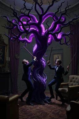 Some well dressed goths climbing and fighting each other with sticks to contain energy from floating chtonian dark purplish glowing snakelike tree grabbing them in dramatic scene in luxury parlour in the style of Giger and Escher