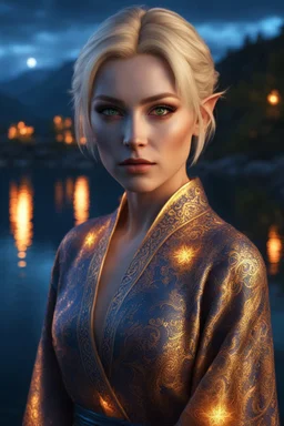 detailed eyes, female russian half elf, curvy, blonde short hairstyle, head to knee shot, detailed glowing ornamental magical pattern form fitting robe, glowing gem crackling with lightning implanted on robe, 8k, high detail, lake background, midnight, facing viewer, front facing