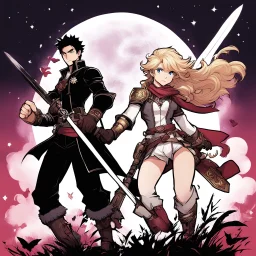 [illustration for wii No More Heroes style with thick lines] Epic adventures intertwine with magic and passion. Heroes and heroines battle, fall in love, and explore uncharted worlds where magic, strength, and seduction become integral parts of their fate.