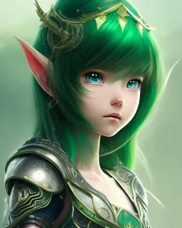 Detailed anime child elf girl, green hair, black and green dragon scale armour, intricate details, full body portrait, keep head in frame, slight smile, black Japanese motif, concept art, highly detailed, digital painting, concept art, sharp focus, illustration, art by Yoji Shinkawa, WLOP and greg rutkowski and alphonse mucha and artgerm and yanjun Chen and Junji ito and Makoto Shinkai, HDR, octane render