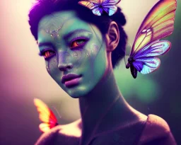 Beautiful mystical butterfly portrait, dark fantasy, romanticism, acrylic paint, chinese painting, magazine, highly detailed, ethereal, otherworldly, backlighting, rays of shimmering light, persian empire, artstation, silver, purple, black, teal, aqua, yellow, olive, vibrant, intricate,