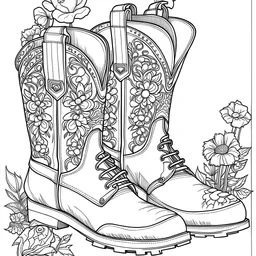 outline art for square cowgirl's boots floral decorated coloring page for kids, classic manga style, anime style, realistic modern cartoon style, white background, sketch style, only use outline, clean line art, no shadows, clear and well outlined