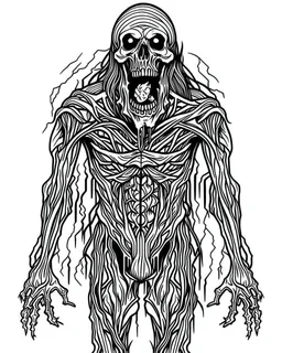 create a 2d black outline, "full body scary psycho monster death coloring book for adults", coloring page, low details design, black contour, coloring page design, coloring page for adults,horror background, black contour and white space beetween contour, same contour,sketch style, horror style, creepy style, minimalist, halloween background,simple, white background