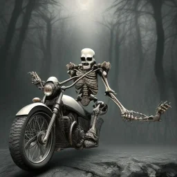 Gost skeleton Rider on black motorcycle on a cool landscape