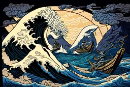 digital painting of the odyssey quest with the mythos by homer, in the style of hokusai