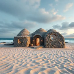 Ultra realistic photo ofA magical beautiful house on the beach, made of stone and with circular windows, with sand and the sea around, enchant colors, design, practicality,manufacturability,performance, HOF, full size, (((realism, realphoto, photography, professional photographer, captured with professional DSLR camera, 64k,