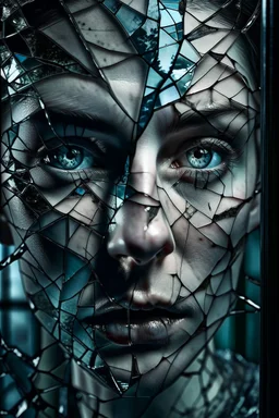 Close-up shot. A cracked pale face deep gaze dark makeup and lips figure through looking a fractured cracked glass pane, revealing glimpses of a surreal hightech cityscape. Hyperrealistic, sharp focus, intricate details, surreal style by Dali, Bosch, Kandinsky, beautifully shot. High contrast, cinematic, dark gloomy, atmospheric, moody. 64 megapixels, perfect compositi