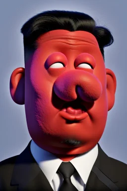 Waist up muppet Portrait, Kim Jong-un muppet doll, black suit, photo studio, red background, unreal engine 5, concept art, art station, god lights, ray tracing, RTX, lumen lighting, ultra detail, volumetric lighting, 3d.