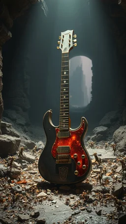 "ancient glowing metallic electrical guitar on a ruined altar, surrounded by tiny insect runes and chitin shards, underground city background, dramatic spotlight, 16:9, high detail, no humans."