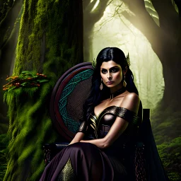 Morena Baccarin as a beautiful sexy dark elf queen seated elegantly on a throne in a mystical forest, dark celtic vignette frame, photo-realistic, cinematic lighting, award-winning photography