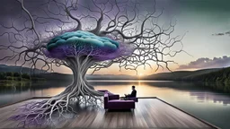 back to the camera a figure sittings on amorph sofa in a beautiful dreamlike landscape and overlooking the water of the nearby lake, calm, harmonious atmosphere, muted dark colors, purple, white, gray, green, blue, brown, silver, black , ,not too colorful colors, Whimsical style and giant stunning neuron network all over the sky, half shadow and half light abyss, surreal stunning vibe