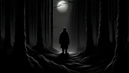 many gigantic monsters's shadow(silhouette) in the dark forest, far distance, realistic horror, realistic art, lovecarft style art