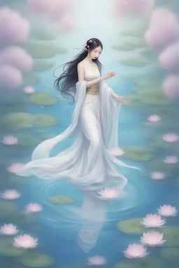 Alchemy RefinerSsterbenart A graceful floating water goddess Suggested details Asian-like style A graceful floating water goddess, her delicate figure is surrounded by a tranquil garden of ethereal water flowers. These flower petals convey many emotions, moving gently with the wind rippling on the surface of the clear water. The stems of aquatic plants come in many vibrant colors, dazzling with their beauty. This captivating scene is depicted in a painting of stunning detail, where every aspect