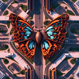 Vista aérea simétrica de un aeropuerto en forma de mariposa, espectacular, impactante, calidad ultra, maximalista, 8k 3D