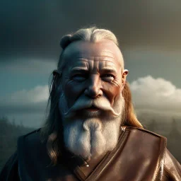 Viking theme, a younger woman sitting next to a 50-year-old man, portrait, 8K, close-up face, anatomically perfect face, Highly detailed stunning full frame portrait, misty and cloudy atmosphere