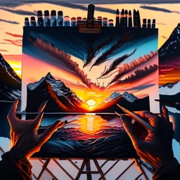 Produce an illustration of hands holding artist's tools against the backdrop of a breathtaking Norwegian sunset, symbolizing the freedom of expression and creativity offered by Starksøn's high-quality art supplies.