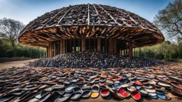 Small Pavilion made from hundreds of old shoes, amazing detail, beautiful composition, award-winning photograph, astonishing realism, 28mm lens, adjust perspective