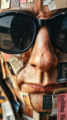 A face in details . The texture of the face is a collage of many peace’s of cur old pictures and newspapers parts sticks on the whole w with black sunglasses in a collage style