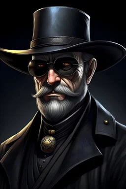 saint gunman with a round hat and sunglasses and a black coat and a short black and graying beard in the wild west, grimdark realistic