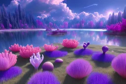 monde en fleurs bleu pink,blue lake, concept art, crépuscule , trees bleu pink violet oranger, vibrant Color, réaliste, crocus