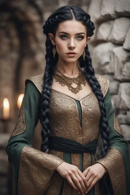 beautiful elven girl, with long black braid and elf ears, dressed in diplomatic attire