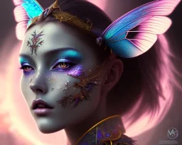 Beautiful mystical butterfly portrait, dark fantasy, romanticism, acrylic paint, chinese painting, magazine, highly detailed, ethereal, otherworldly, backlighting, rays of shimmering light, persian empire, artstation, silver, purple, black, teal, aqua, yellow, olive, vibrant, intricate,