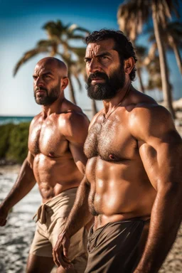 half figure shot photography of two angry strong muscular beefy hairy burly 40 years old ugly arab fishermen, short beard, shaved hair, shirtless, manly chest, bulging swimwear, angry eyes, walking on the beach in the sun, side light, sweat and wet, ground view angle