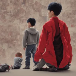 photo from behind, only Distant Japanese child boy, black hair, sitting on floor, akira red jacket with pill in the back, extremely detailed, extremely realistic