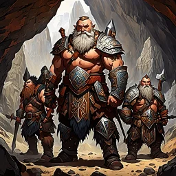 The sturdy Dwarves in front of the cave, with their characteristic proud, stout physiques, wear ornate, battle-worn armor adorned with bold, geometric patterns, and wield mighty axes, hammers, and swords. Their facial features are strong, with prominent beards, bushy eyebrows, and piercing, gemstone-like eyes. We Were Born Ready