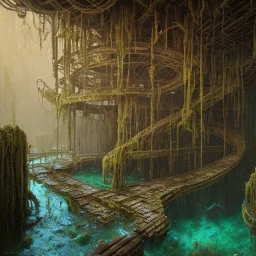 abondoned mine shaft with long metal staircase into murky brackish water, endless mine shaft, flooded, 8k resolution, 3D octane render, intricate, sharp, crisp, ultraHD, digital art, detailed matte, volumetric lighting George Grie, Anne Dittman, Anne Stokes, Lisa Parker, Selina French, brian froud, howard lyon,