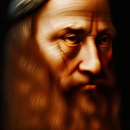 leonardo da vinci with computer. creating in photoshop. hyperdetailed, warm colors, movie poster, photoillustration, oil on canvas, lens flare