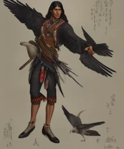 black hawk, native american warrior, mature, long black hair, big muscles, black fabric coat like wings