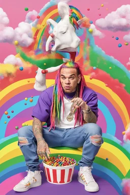 6ix9ine sitting on a rainbow throne whilst a unicorn eats skittles