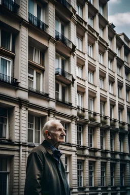 Make a portrait of a elderly person in between two big buildings. Both buildings should have people in them, starring out the windows