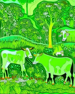 A lime green and light pale green meadow with cows made out of chocolate designed in Kuna Molas painted by Claude Monet