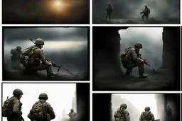 Masterpiece1:5)(Fineart), (award-winning:1.5), highest quality, (ultra realism:1.5) war journalism(,(by Tim Page and Hoorst Faas:1.5))(photorealistic:1.8),RAW pictures (Eastern Ukraine:(panel one:the moment after a battle ends, horrors of war, wounded men),(2nd panel, cinematic shot of men sitting in trench with 1000 yard stare (focus on their eyes:1.5)),(the third panel shows troops tired but hyper alert), (the fourth panel shows the sky is filled with incessant, fire and smoke,)