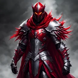 silver and crimson knight armor, and a ghostly red flowing cape, crimson trim flows throughout the armor, the helmet is fully covering the face, black and red spikes erupt from the shoulder pads, crimson hair, spikes erupting from the shoulder pads and gauntlets, glowing red eyes