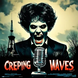 Profound modern horror movie poster, "CREEPING WAVES", double exposure gritty spooky bushy wild dark-haired shabbily dressed radio broadcaster with crepey mottled skin yelling into an old-time radio microphone, radio station tower "WXXT 87.9" broadcasting ethereal blasphemies, Dramatic, creepy, deep colors, oddball masterpiece, sfumato, complex contrast, dynamic composition, grand design