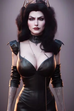 Amy Dumas as evil queen in black leather gown, evil, busty, cleavage, curvy, angry, stern look. character design by cory loftis, fenghua zhong, ryohei hase, ismail inceoglu and ruan jia. unreal engine 5, artistic lighting, highly detailed, photorealistic, fantasy