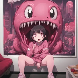 a cute creature in front of a big poster of a "Anime girl crushed inside really darkred fleshy stomach filled with digestive juices, sit pose, fullbody, serius, slobbe, Junji Ito style, pink tones, rolling eyes, tongue out, saliva drip, open mouth," cinematic, a city in the background