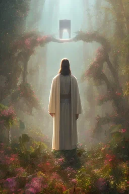 Jesus portrait , detailed hands, at dawn by atey ghailan, golden light , white robe, holding leaves and flowers , angels background, volumetric light, high detail, red leaf tree, mountains in background, perfect