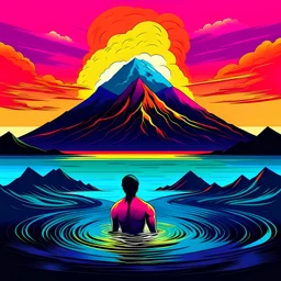 2d ilustration colorful of a man swiming in a lake with a volcano in eruption in the background as album artwork
