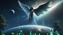 matrix universe, space, planets, god creation, angels from other dimensions with beautiful wings, trees on the planet, behind green crystals of light, few tiberium monolith deposits on the planet near tree,